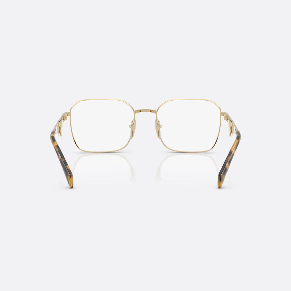 Prada PR A51V 14N1O1 eyeglasses, gold irregular frame for women, plain metal bridge, brand logo plaque on temples, back view