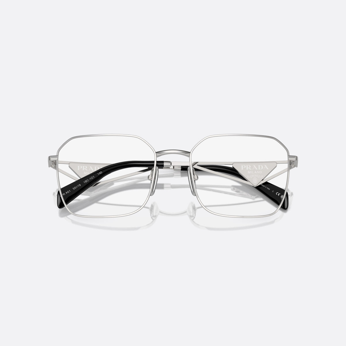 Rame ochelari de vedere Prada PR A51V 1BC-1O1 C, geometrica argintiu, pentru femei, punte dublă cu arc metalic, ramă completă metalică, cu brațele pliate