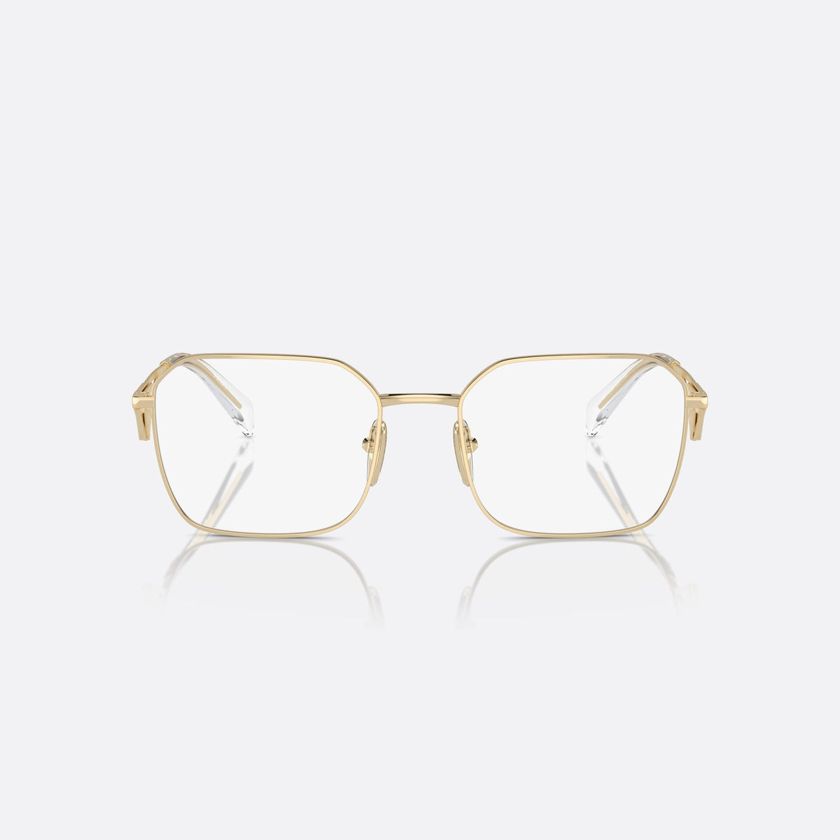Prada PR A51V ZVN-1O1 B eyeglasses, gold geometric frame for women, plain metal bridge, brand logo on temples, front view