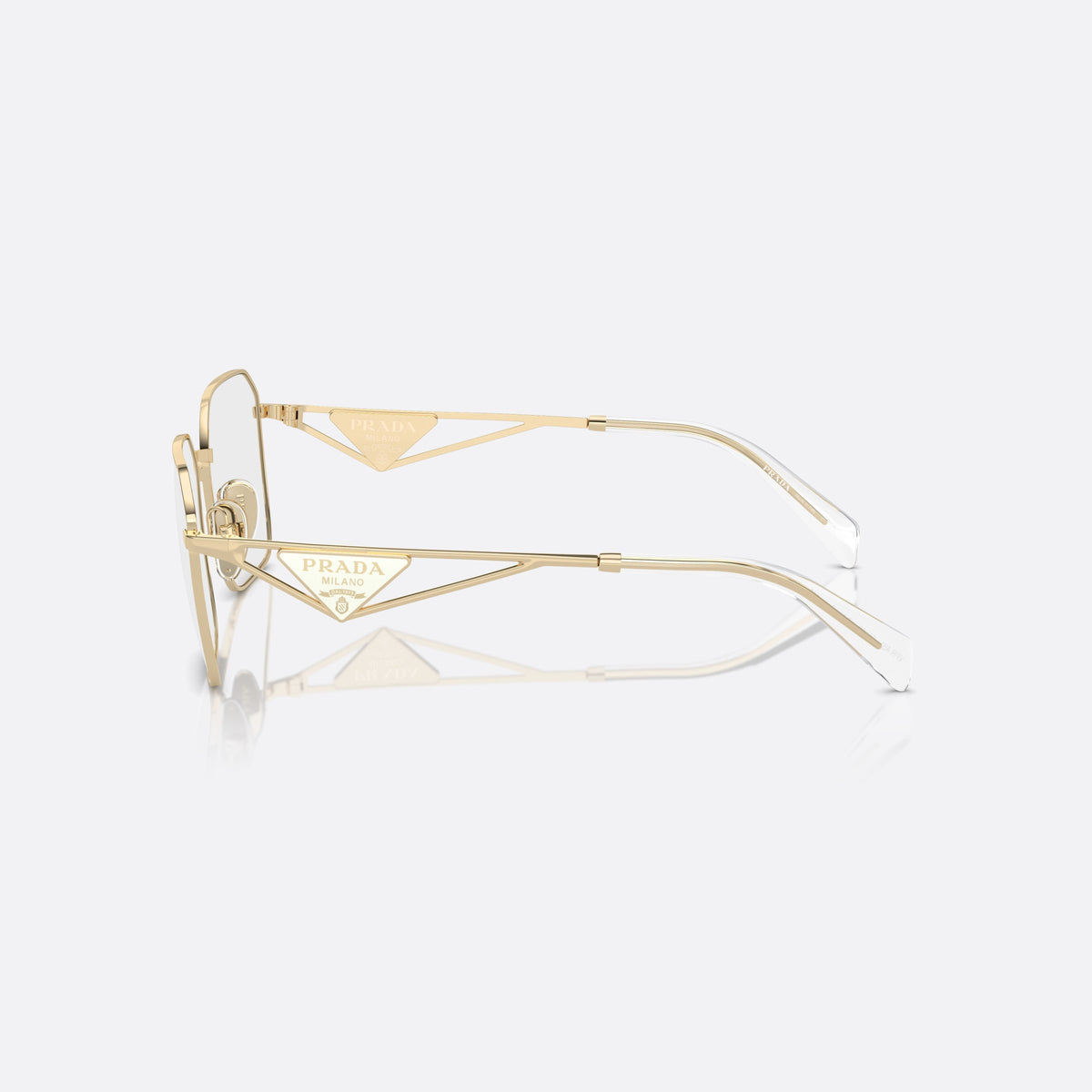 Prada PR A51V ZVN-1O1 B eyeglasses, gold geometric frame for women, plain metal bridge, brand logo on temples, side view