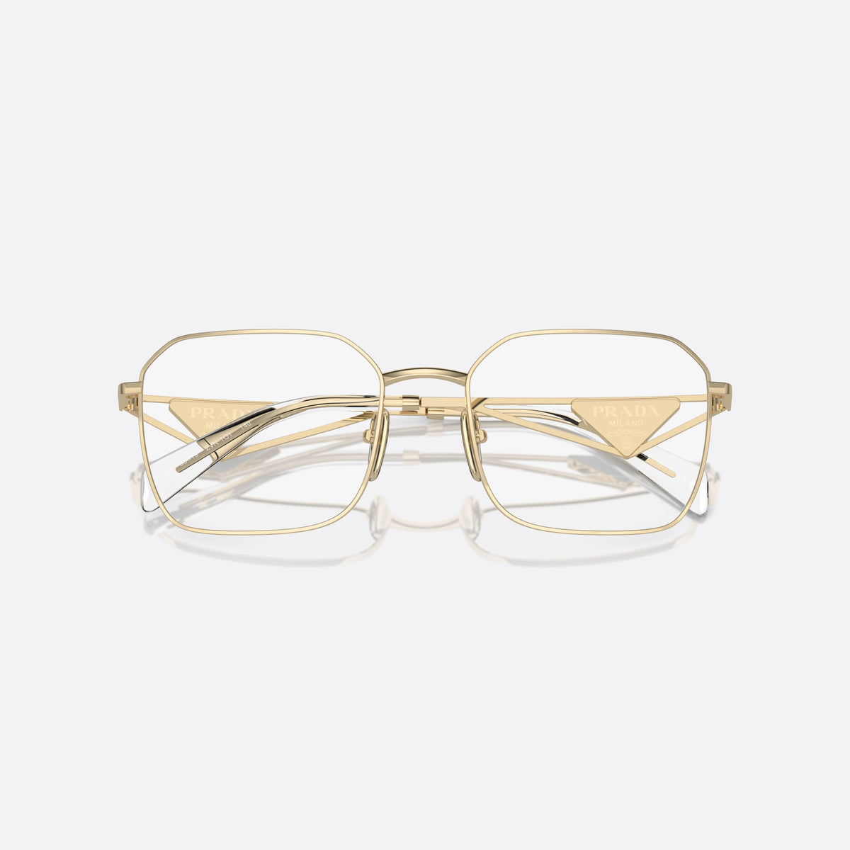 Prada PR A51V ZVN-1O1 B eyeglasses, gold geometric frame for women, plain metal bridge, brand logo on temples, folded