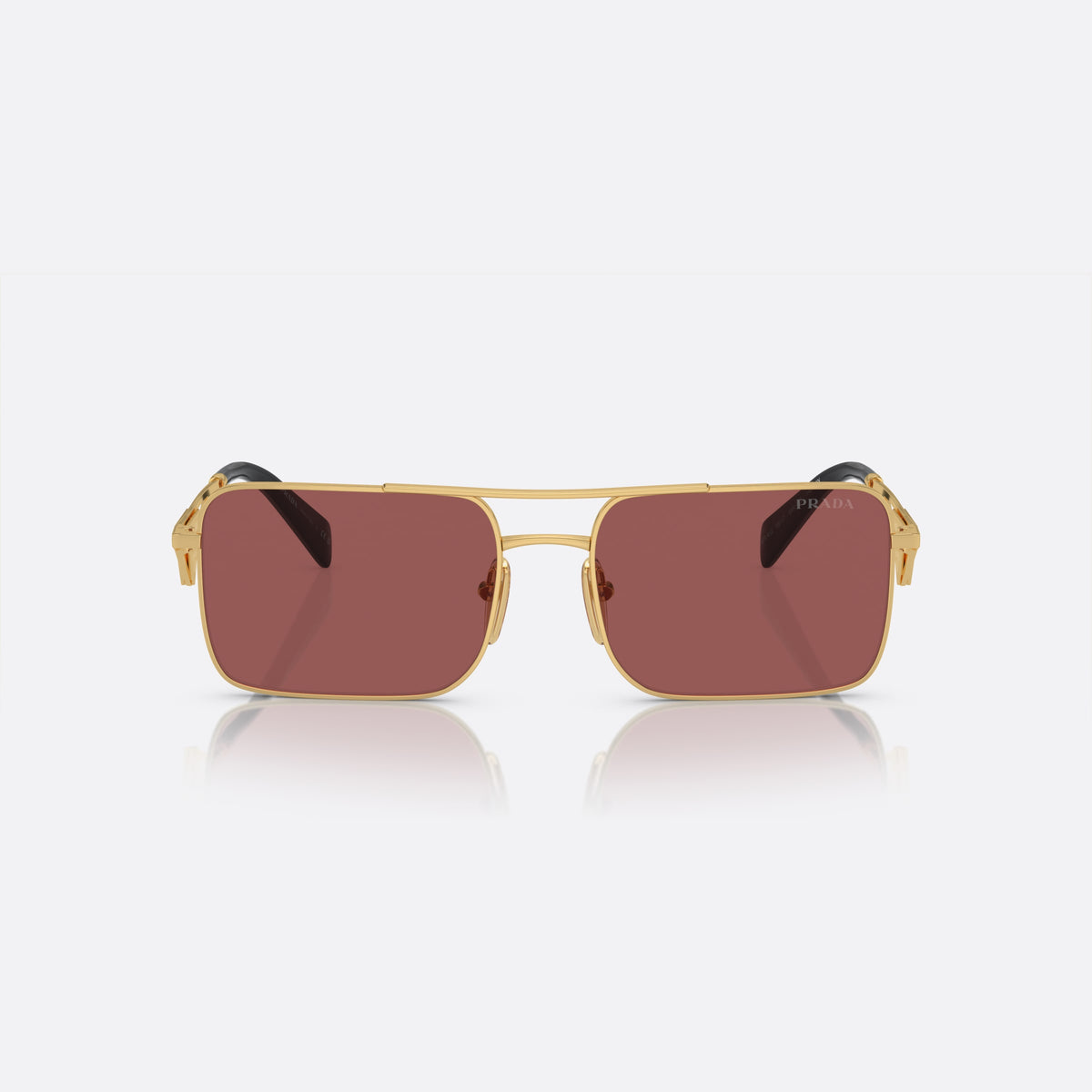 Prada PR A52S 5AK-08S sunglasses, gold rectangular frame for women, double bridge with top bar, brand lettering on temples