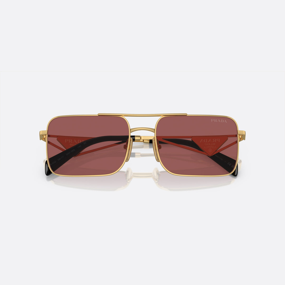 Prada PR A52S 5AK-08S sunglasses, gold rectangular frame for women, double bridge with top bar, brand lettering on temples