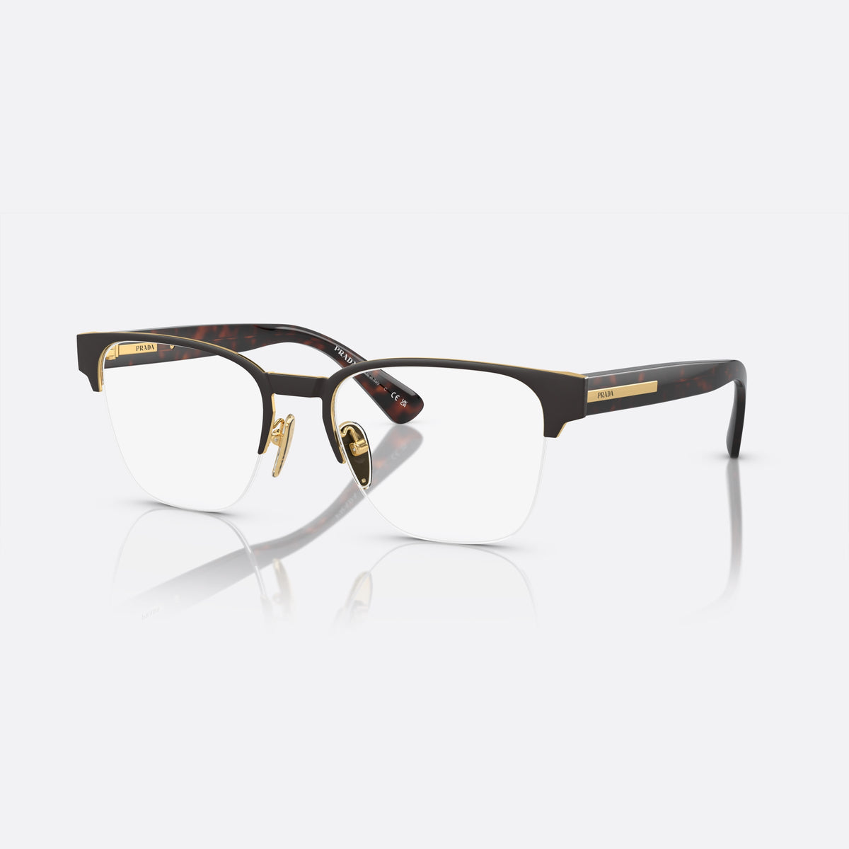 Prada PR A52V 01U-1O1 N eyeglasses, brown geometric frame for men, plain metal bridge, brand lettering on temples