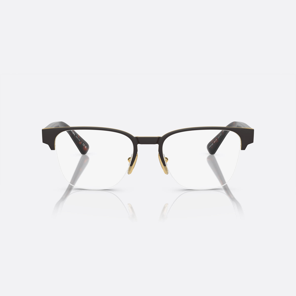 Prada PR A52V 01U-1O1 N eyeglasses, brown geometric frame for men, plain metal bridge, brand lettering on temples, front view