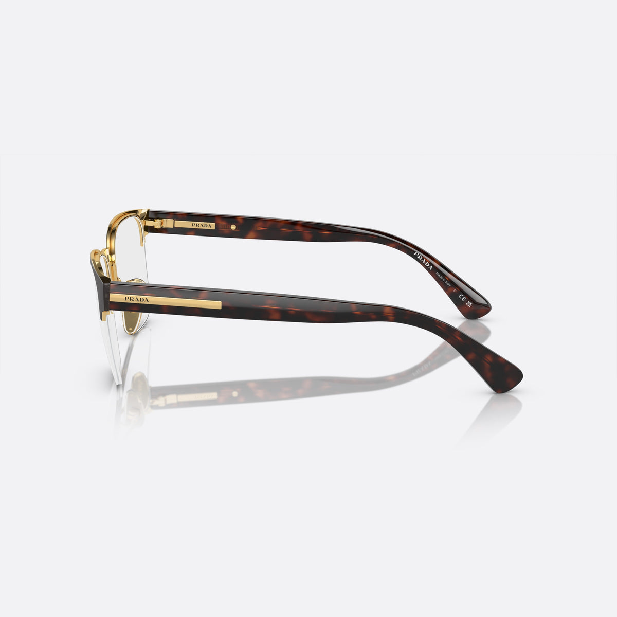 Prada PR A52V 01U-1O1 N eyeglasses, brown geometric frame for men, plain metal bridge, brand lettering on temples, side view