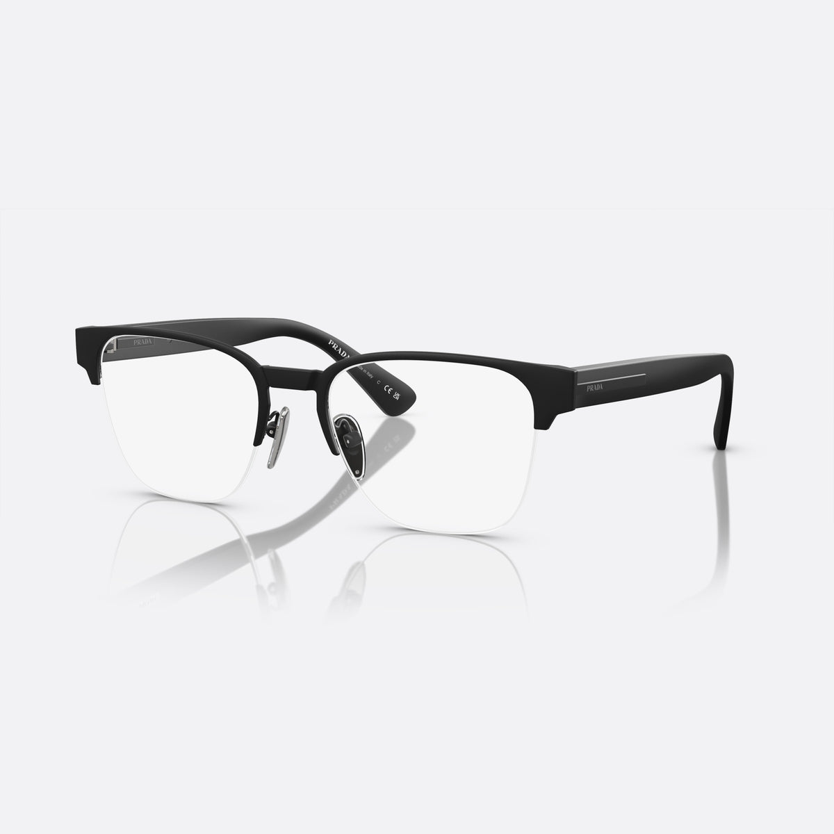 Prada PR A52V 1BO-1O1 X eyeglasses, black geometric frame for men, plain metal bridge, brand lettering on temples