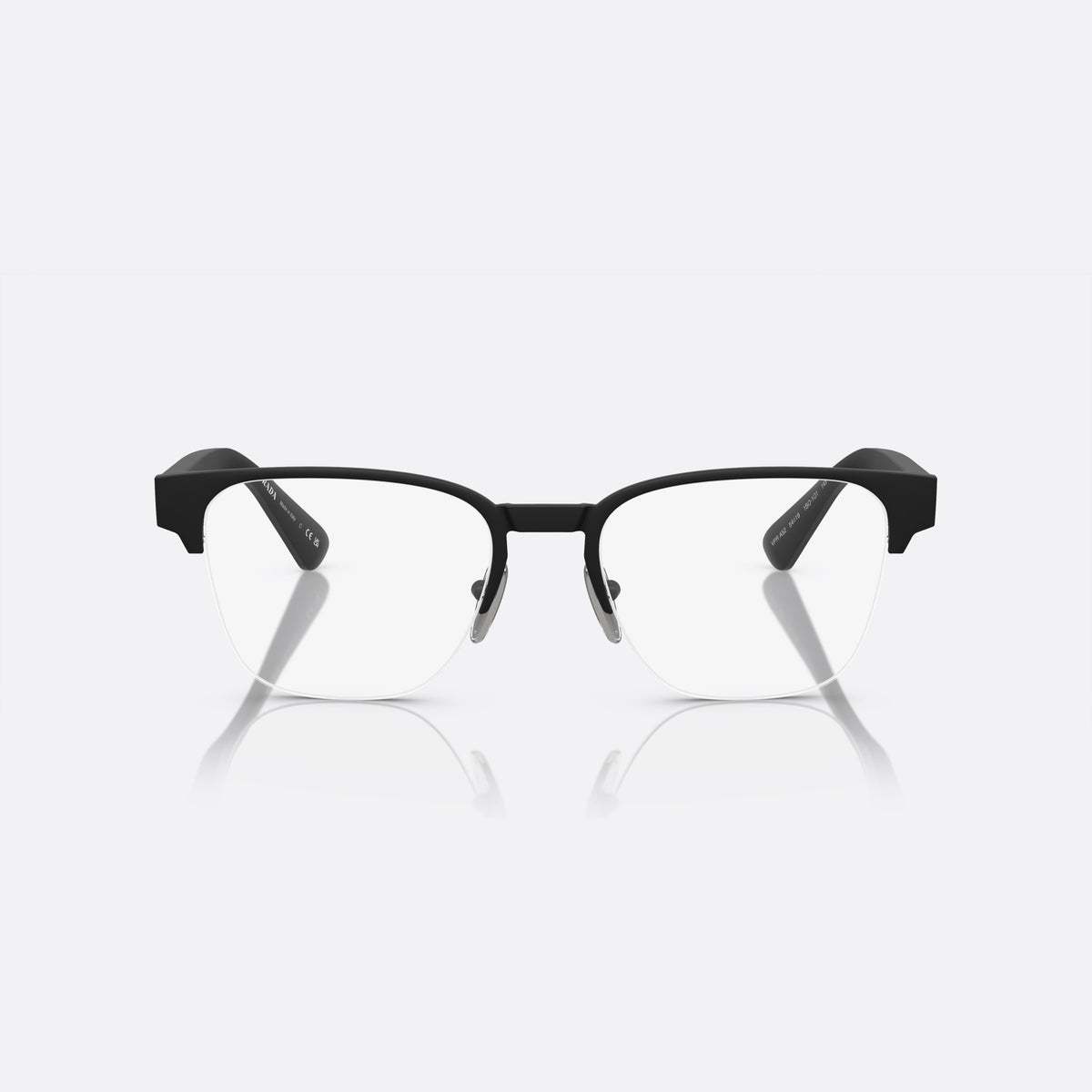 Prada PR A52V 1BO-1O1 X eyeglasses, black geometric frame for men, plain metal bridge, brand lettering on temples, front view