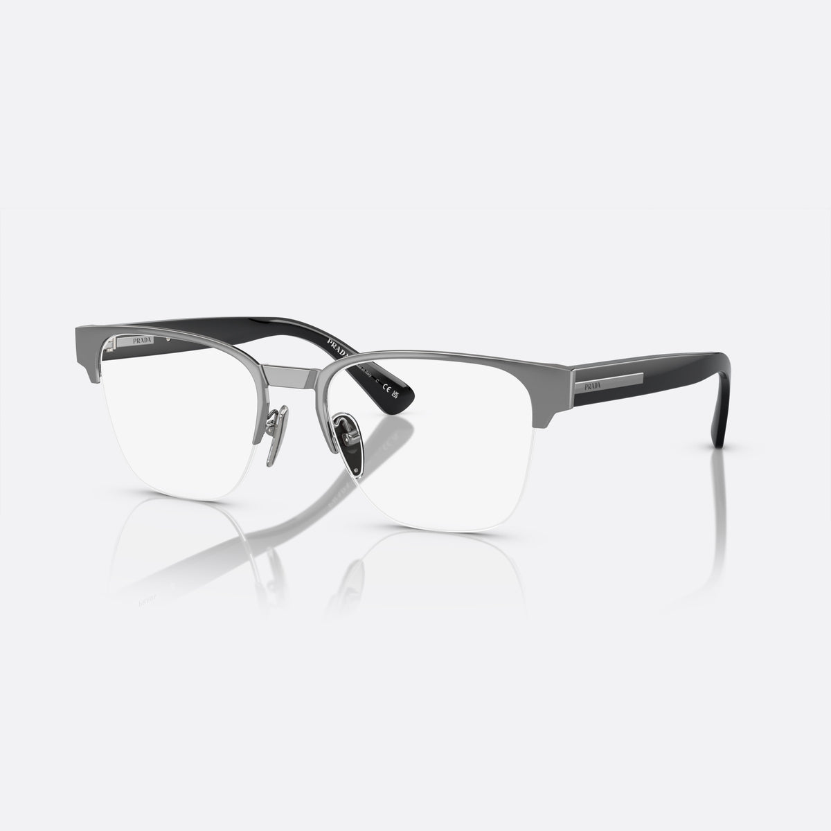 Prada PR A52V 5AV-1O1 C eyeglasses, grey geometric frame for men, metal bridge with flat plate, brand lettering on the temples