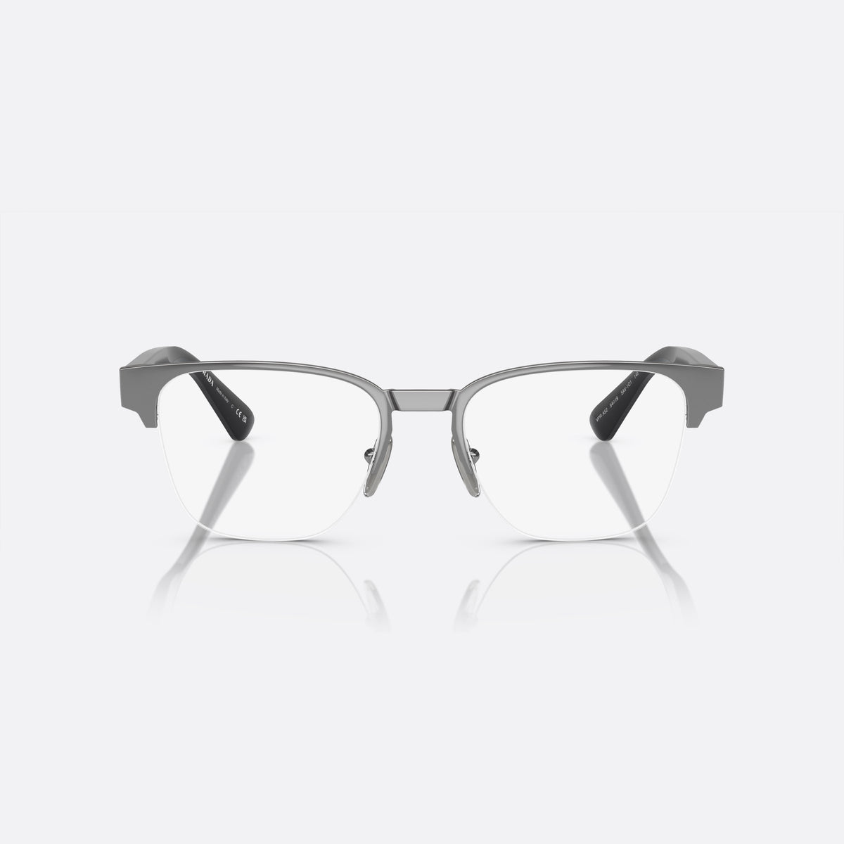 Prada PR A52V 5AV-1O1 C eyeglasses, grey geometric frame for men, metal bridge with flat plate, brand lettering on the temples, front view