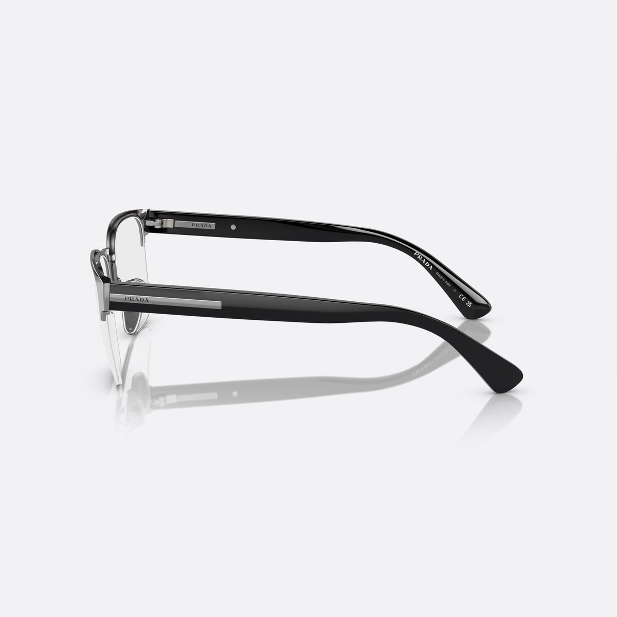 Prada PR A52V 5AV-1O1 C eyeglasses, grey geometric frame for men, metal bridge with flat plate, brand lettering on the temples, side view