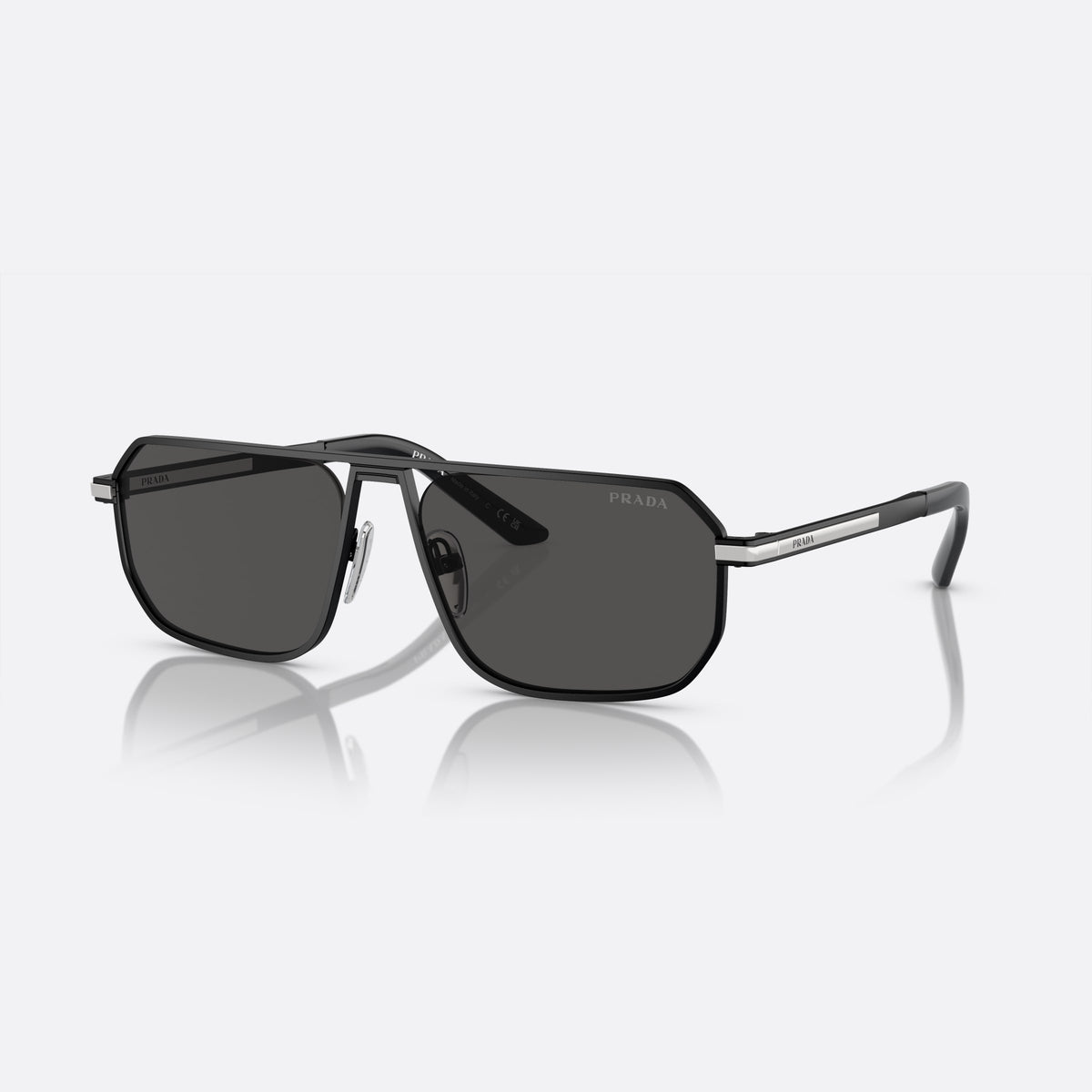 Ochelari de soare Prada PR A53S 1BO-5S0 V, rectangulari negru, pentru bărbați, punte dublă cu bară metalică, literele brandului pe brațe