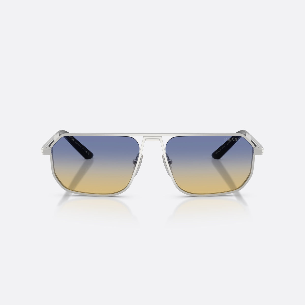 Ochelari de soare Prada PR A53S 27506Z, pillow argintiu, pentru bărbați, punte dublă cu bară metalică, logo al brandului pe lentilă, vedere din față