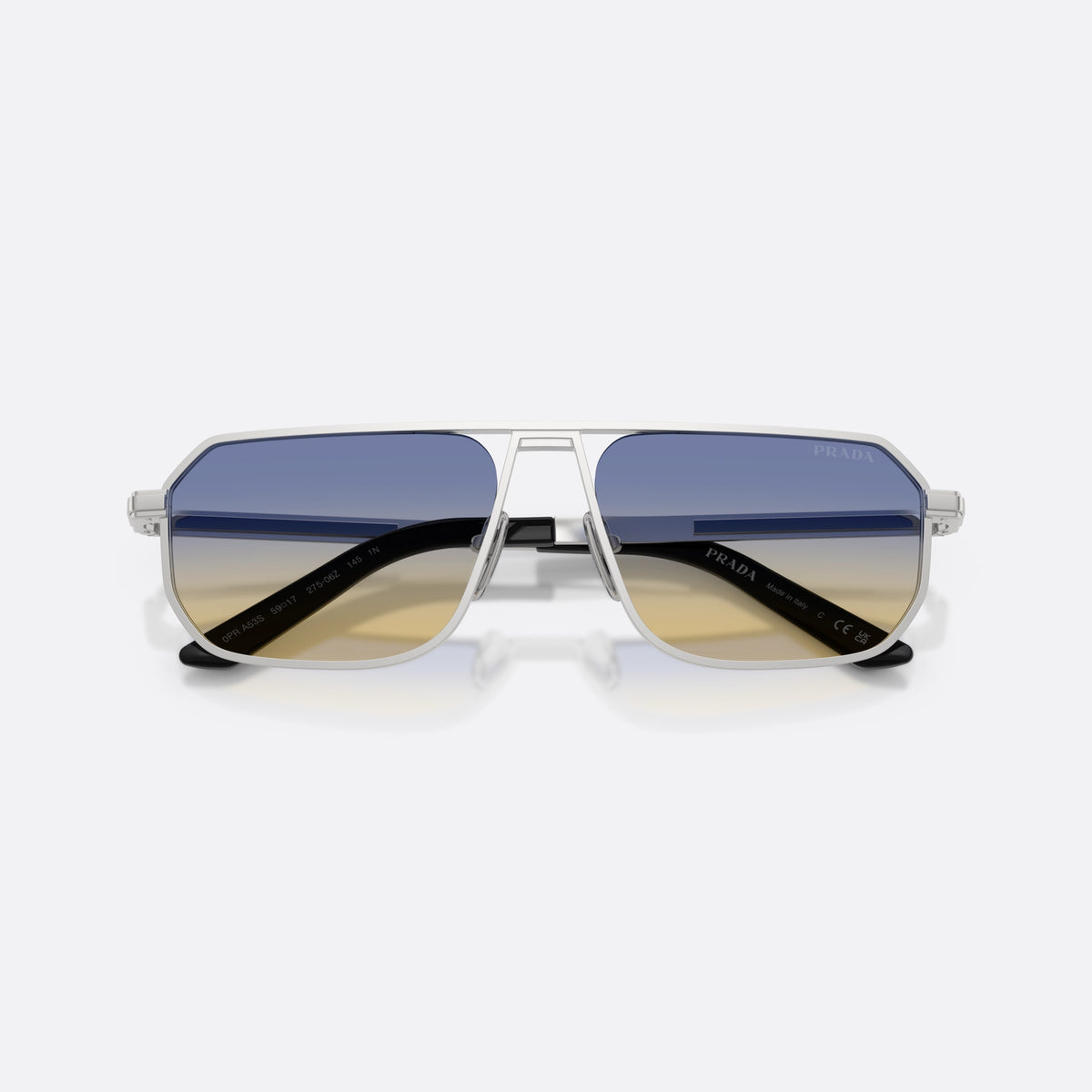 Ochelari de soare Prada PR A53S 27506Z, pillow argintiu, pentru bărbați, punte dublă cu bară metalică, logo al brandului pe lentilă, cu brațele pliate
