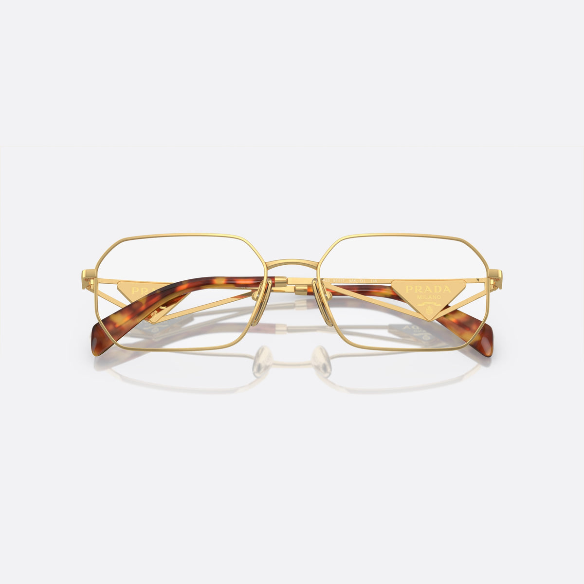 Rame ochelari de vedere Prada PR A53V 5AK-1O1 I, geometrica auriu, pentru femei, punte metalică simplă, placă cu logo pe brațe, cu brațele pliate