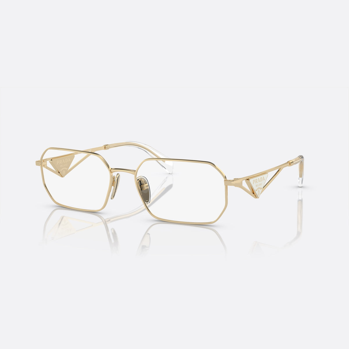 Prada PR A53V ZVN-1O1 B eyeglasses, gold geometric frame for women, plain metal bridge, brand lettering on temples