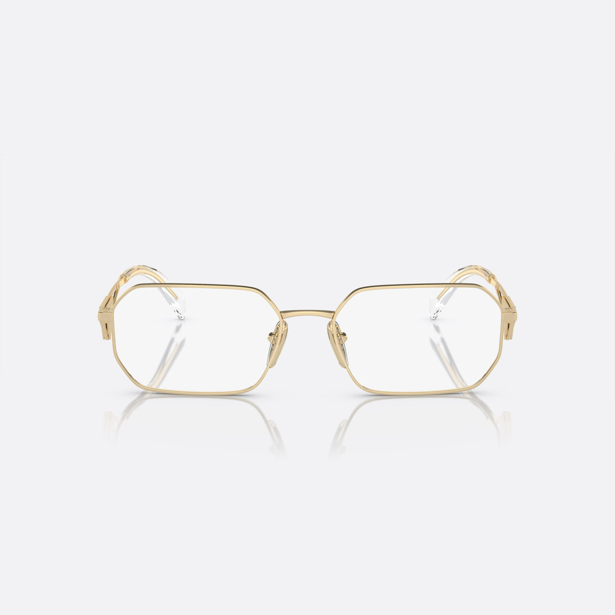 Prada PR A53V ZVN-1O1 B eyeglasses, gold geometric frame for women, plain metal bridge, brand lettering on temples, front view