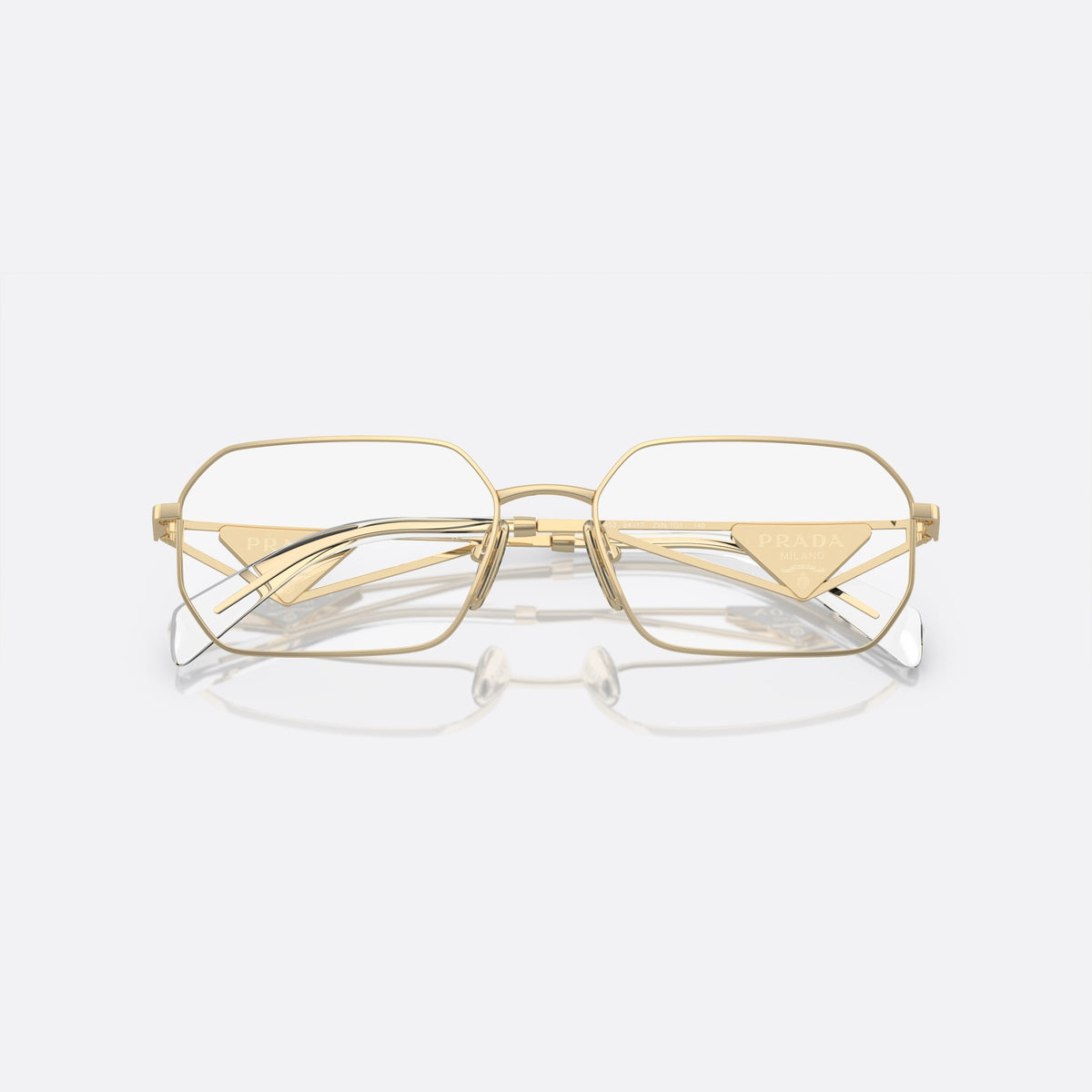 Prada PR A53V ZVN-1O1 B eyeglasses, gold geometric frame for women, plain metal bridge, brand lettering on temples, folded