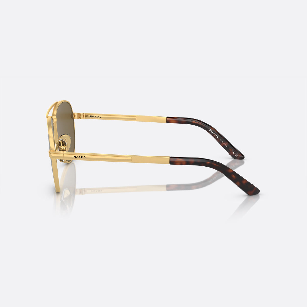 Prada PR A54S 1BK-01T sunglasses, gold geometric frame for men, double bridge with top bar, brand lettering on the temples, side view