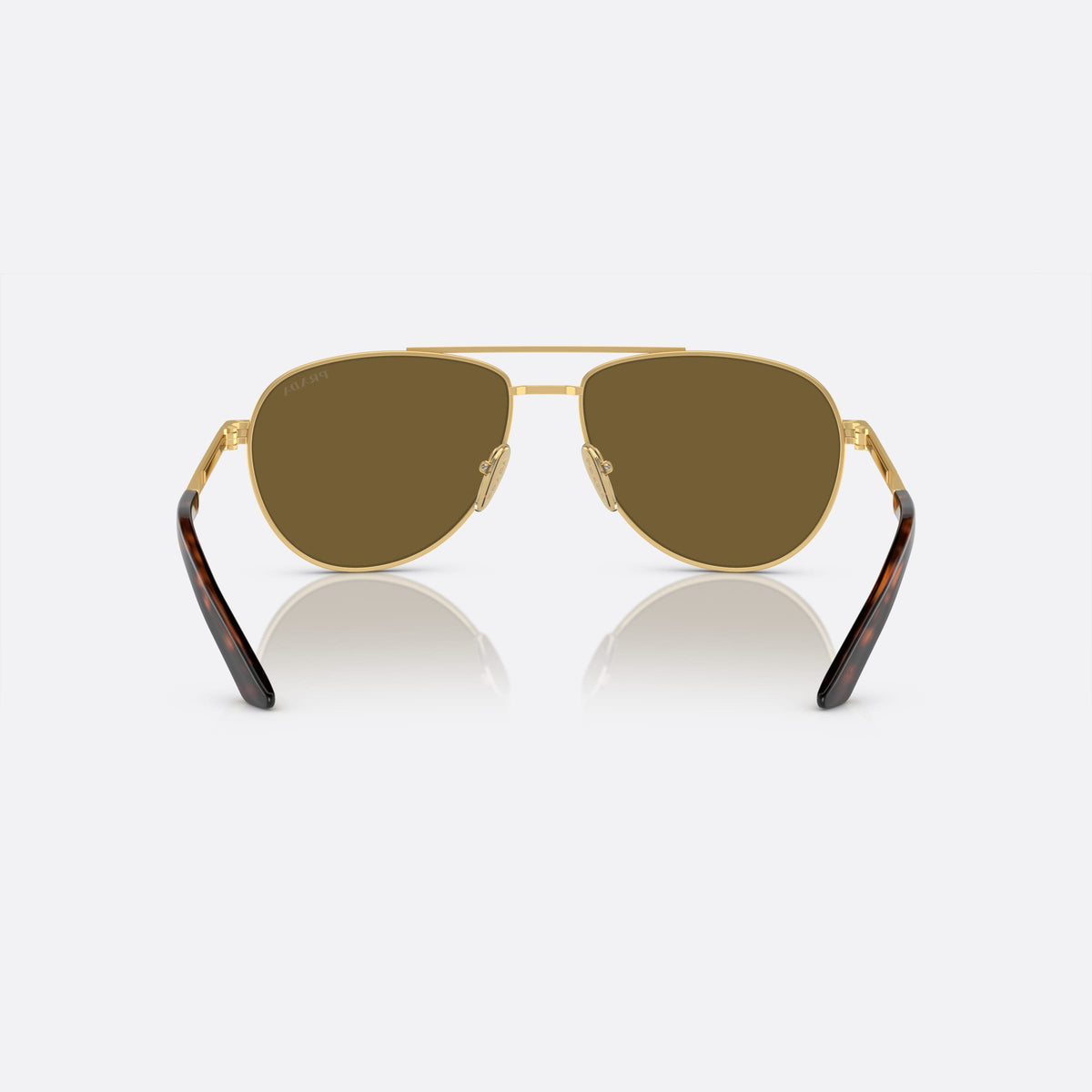 Prada PR A54S 1BK-01T sunglasses, gold geometric frame for men, double bridge with top bar, brand lettering on the temples, back view
