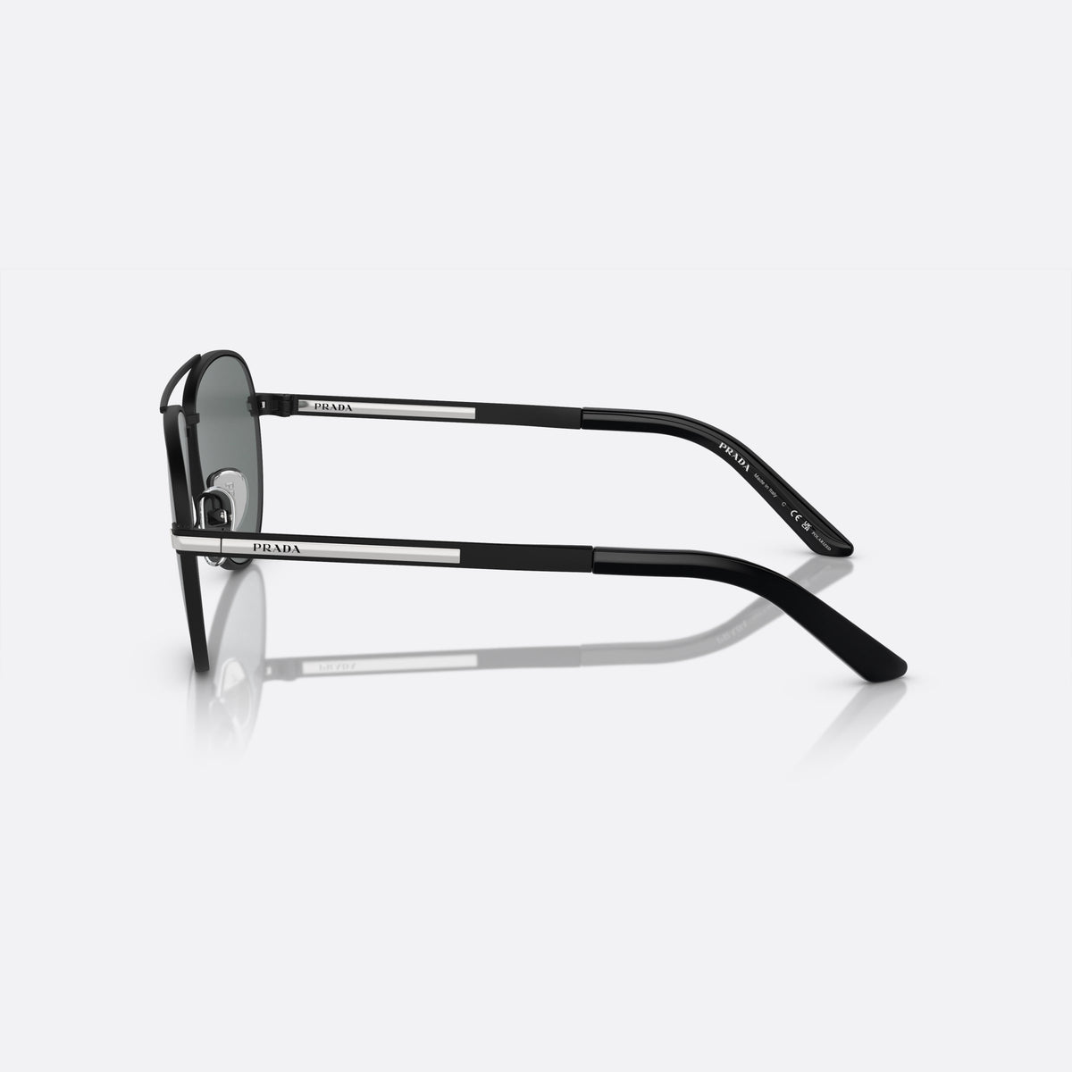 Prada PR A54S 1BO-5Z1 sunglasses, black geometric frame for men, double bridge with metal top bar, side view