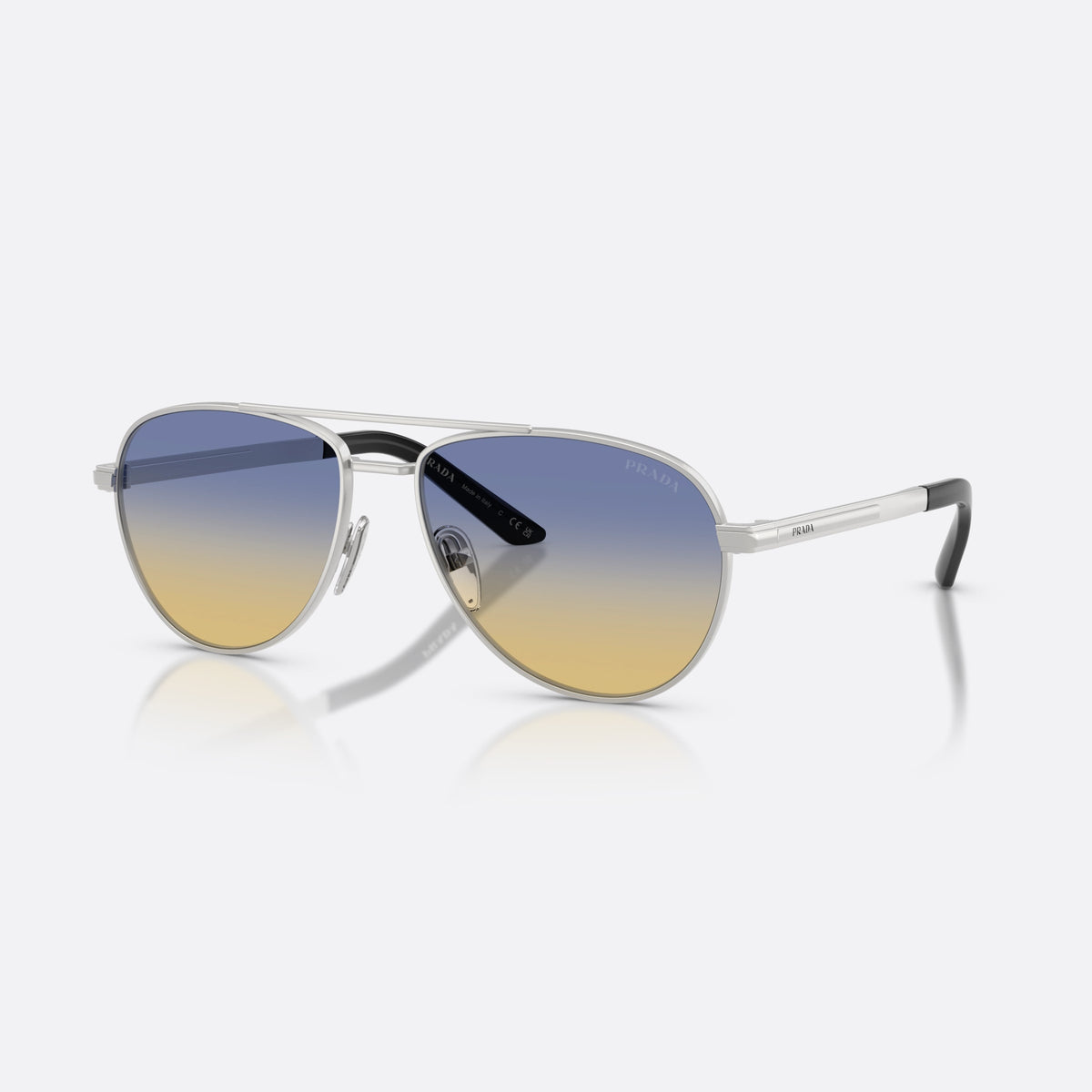 Prada PR A54S 27506Z sunglasses, silver pilot frame for men, double bridge with top bar, brand lettering on temples
