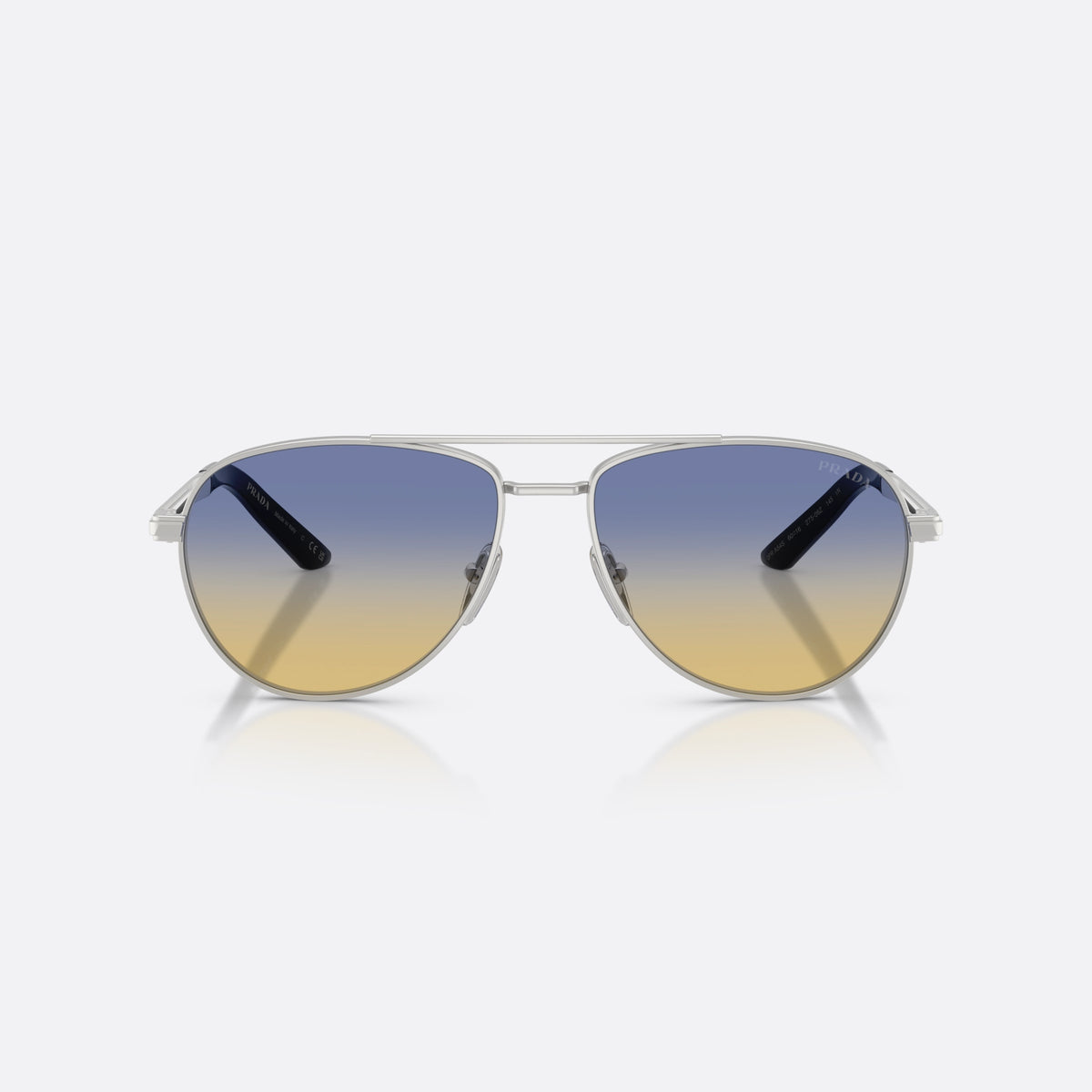 Prada PR A54S 27506Z sunglasses, silver pilot frame for men, double bridge with top bar, brand lettering on temples, front view