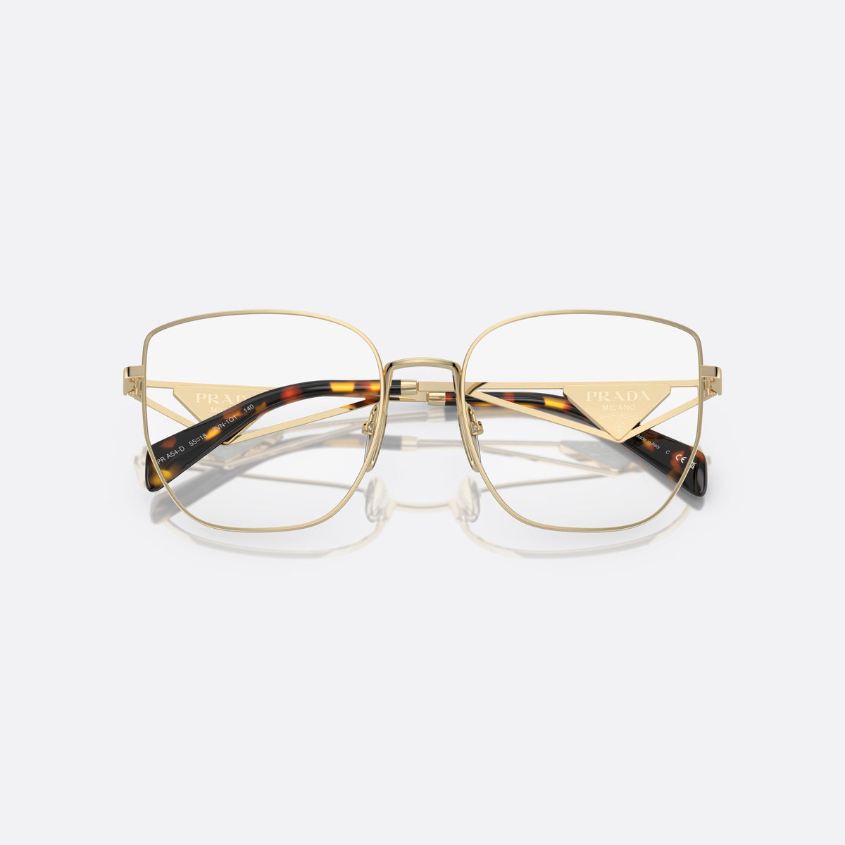 Rame ochelari de vedere Prada PR A54VD ZVN1O1 A, fluture auriu, pentru femei, punte metalică simplă, logo al brandului pe brațe, cu brațele pliate