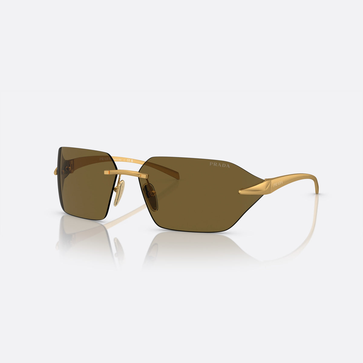 Prada PR A55S 15N-01T N sunglasses, gold geometric frame for men, thin gold-tone metal bridge, brand lettering on lenses