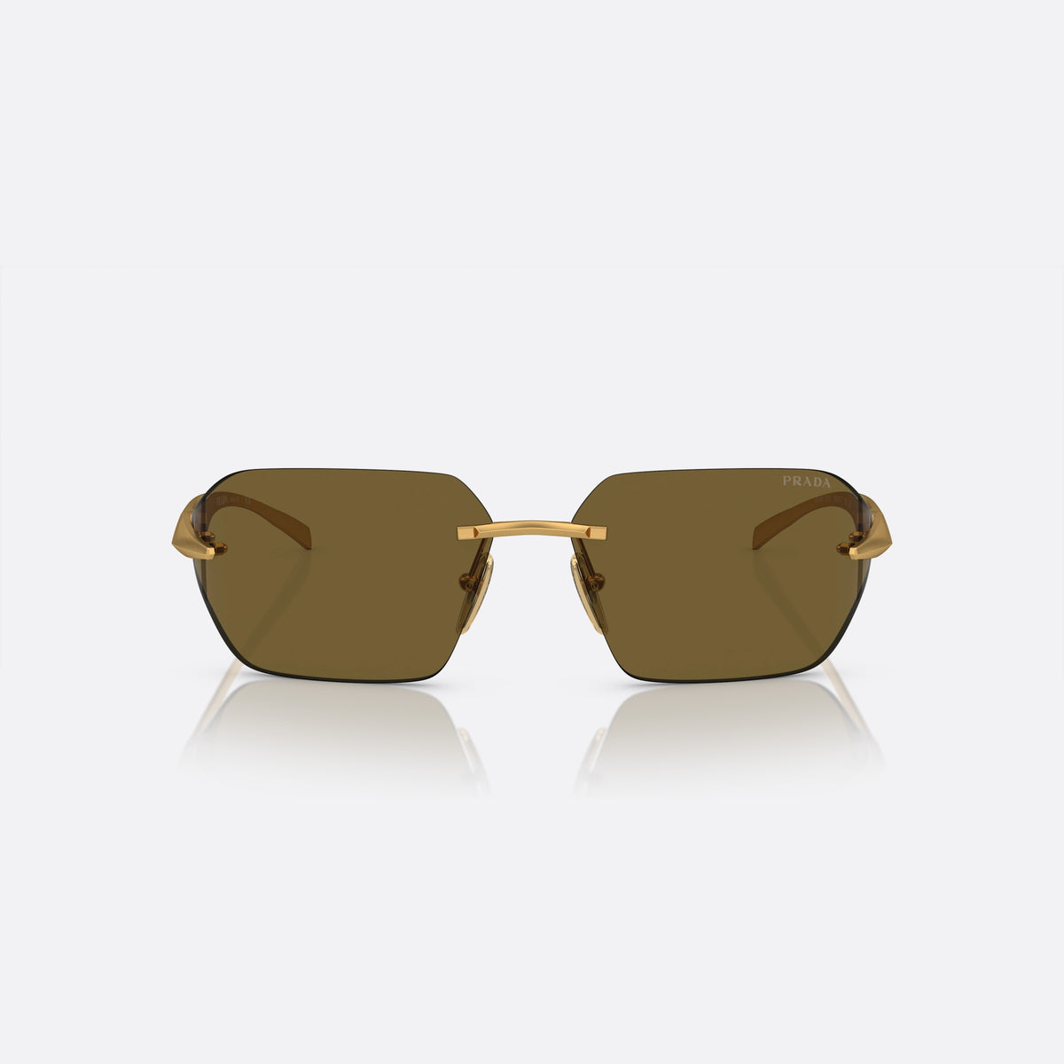 Prada PR A55S 15N-01T N sunglasses, gold geometric frame for men, thin gold-tone metal bridge, brand lettering on lenses, front view