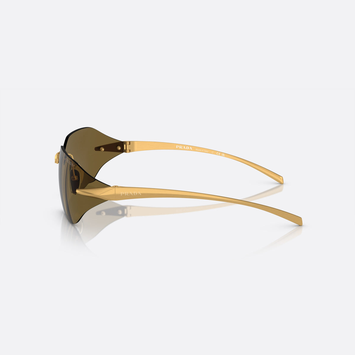 Prada PR A55S 15N-01T N sunglasses, gold geometric frame for men, thin gold-tone metal bridge, brand lettering on lenses, side view