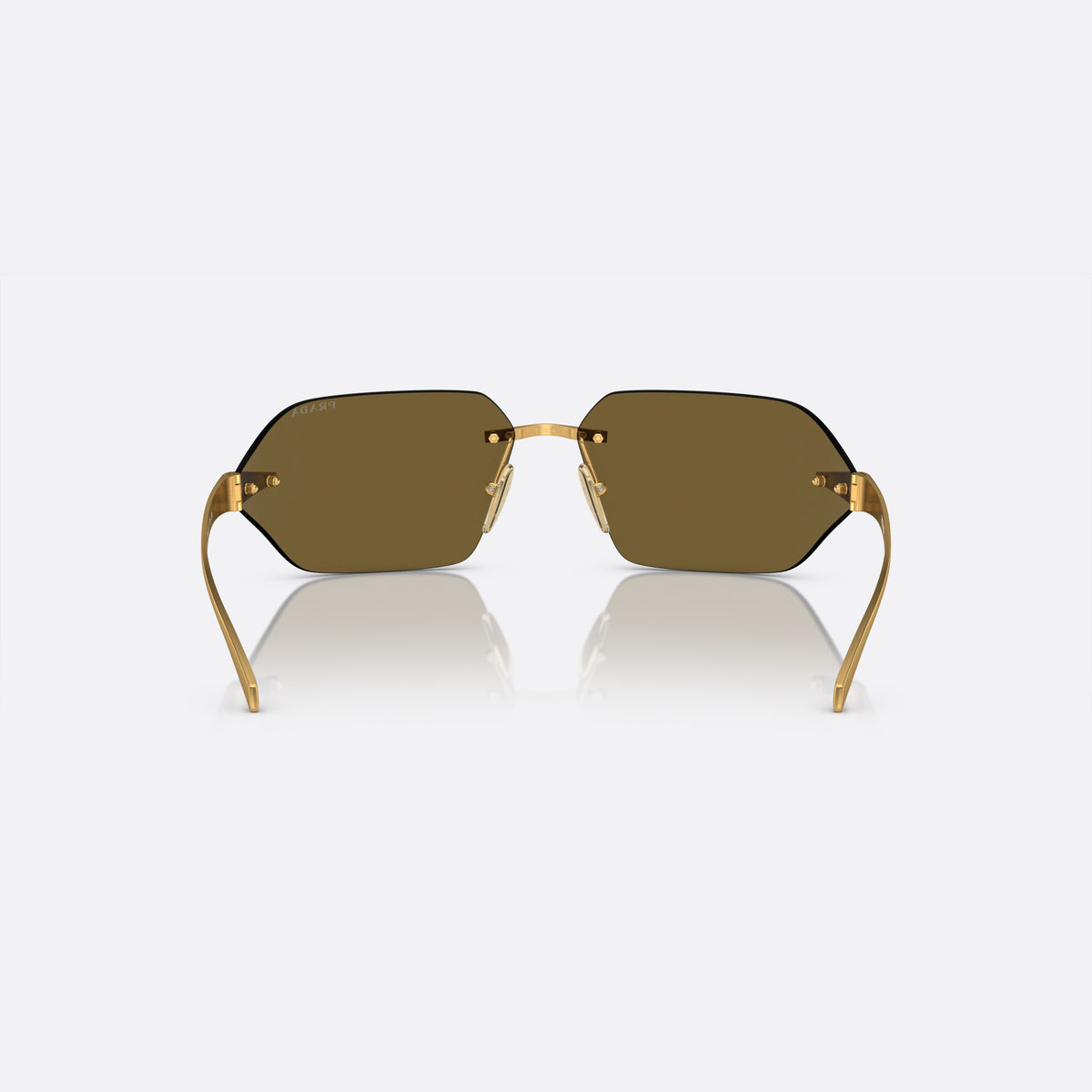 Prada PR A55S 15N-01T N sunglasses, gold geometric frame for men, thin gold-tone metal bridge, brand lettering on lenses, back view