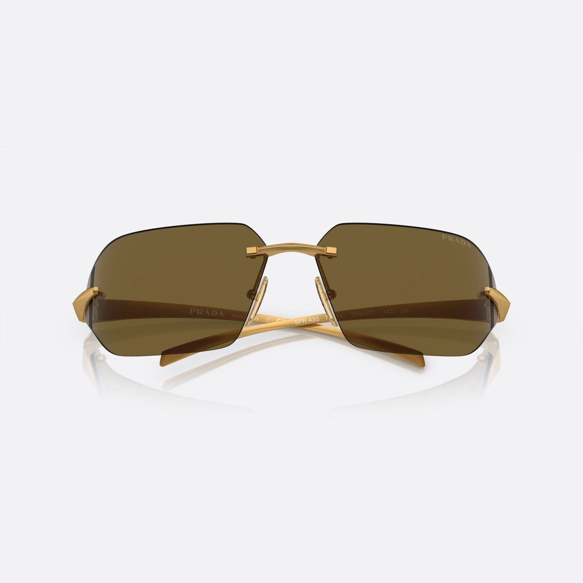 Prada PR A55S 15N-01T N sunglasses, gold geometric frame for men, thin gold-tone metal bridge, brand lettering on lenses, folded