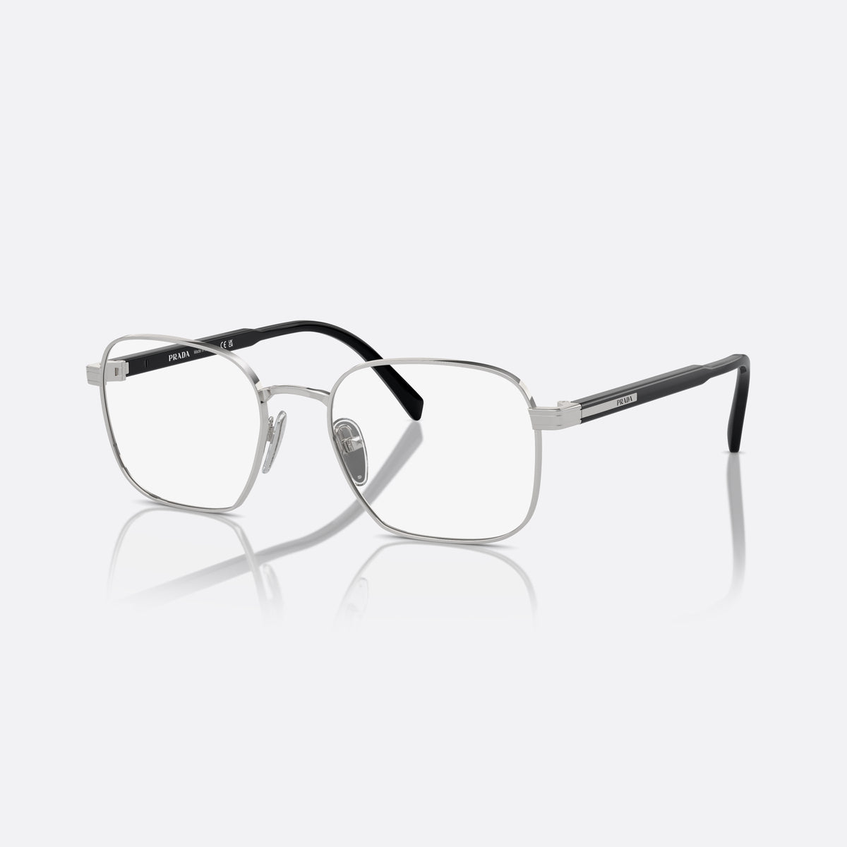 Prada PR A55V 1BC1O1 eyeglasses, silver round frame for men, plain metal bridge, brand lettering on temples