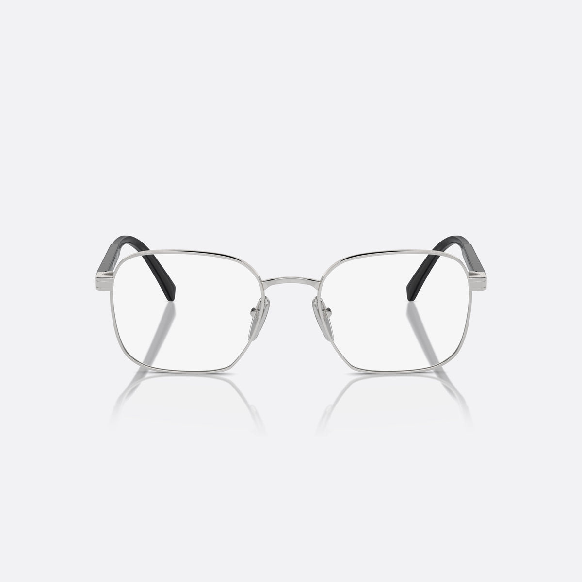 Prada PR A55V 1BC1O1 eyeglasses, silver round frame for men, plain metal bridge, brand lettering on temples, front view