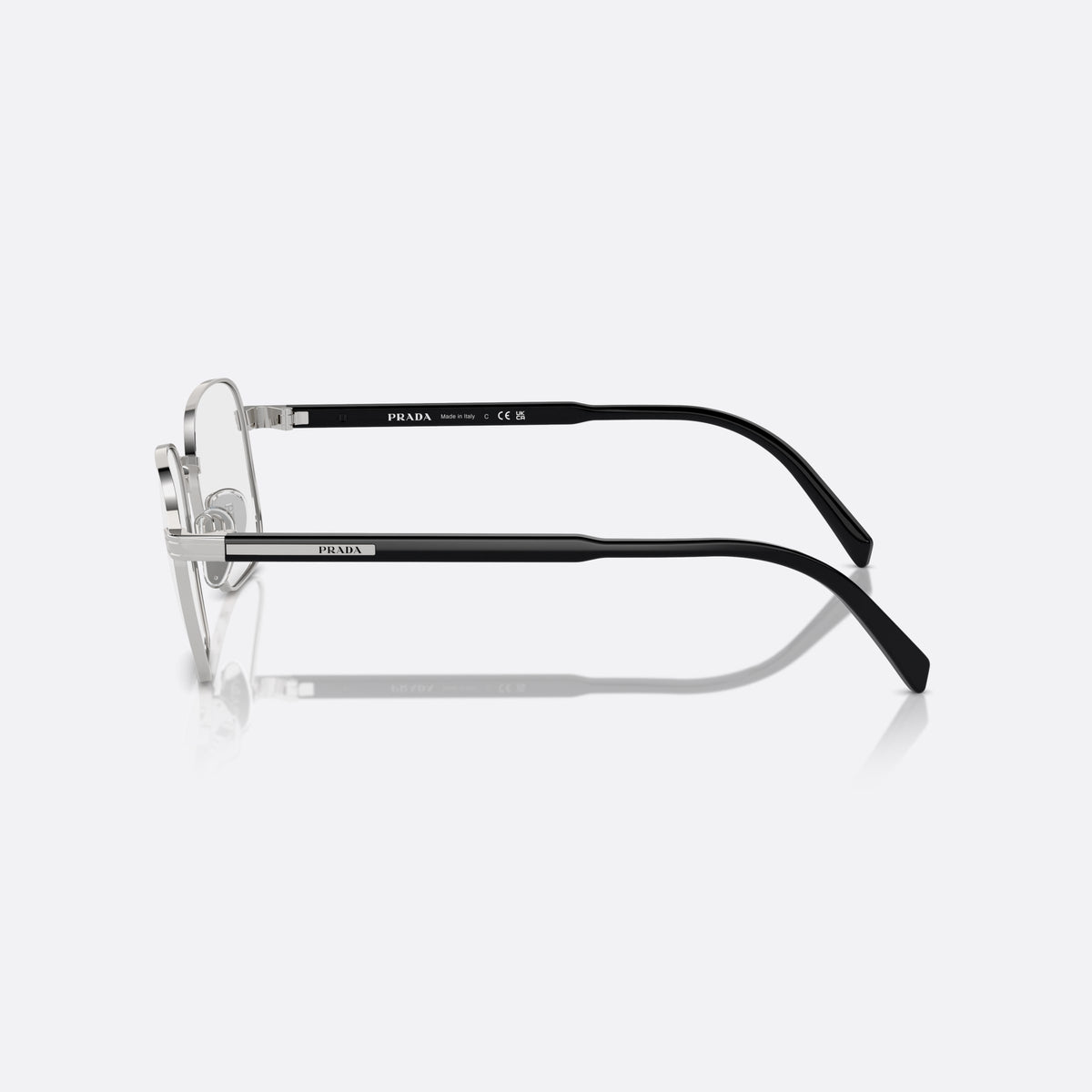 Prada PR A55V 1BC1O1 eyeglasses, silver round frame for men, plain metal bridge, brand lettering on temples, side view