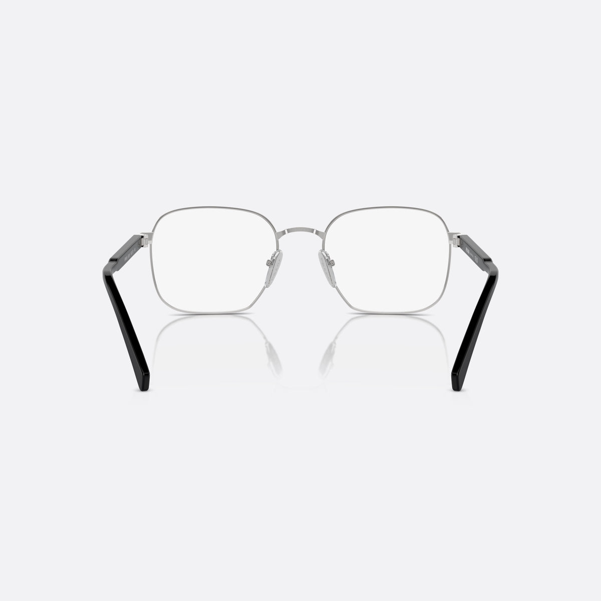 Prada PR A55V 1BC1O1 eyeglasses, silver round frame for men, plain metal bridge, brand lettering on temples, back view