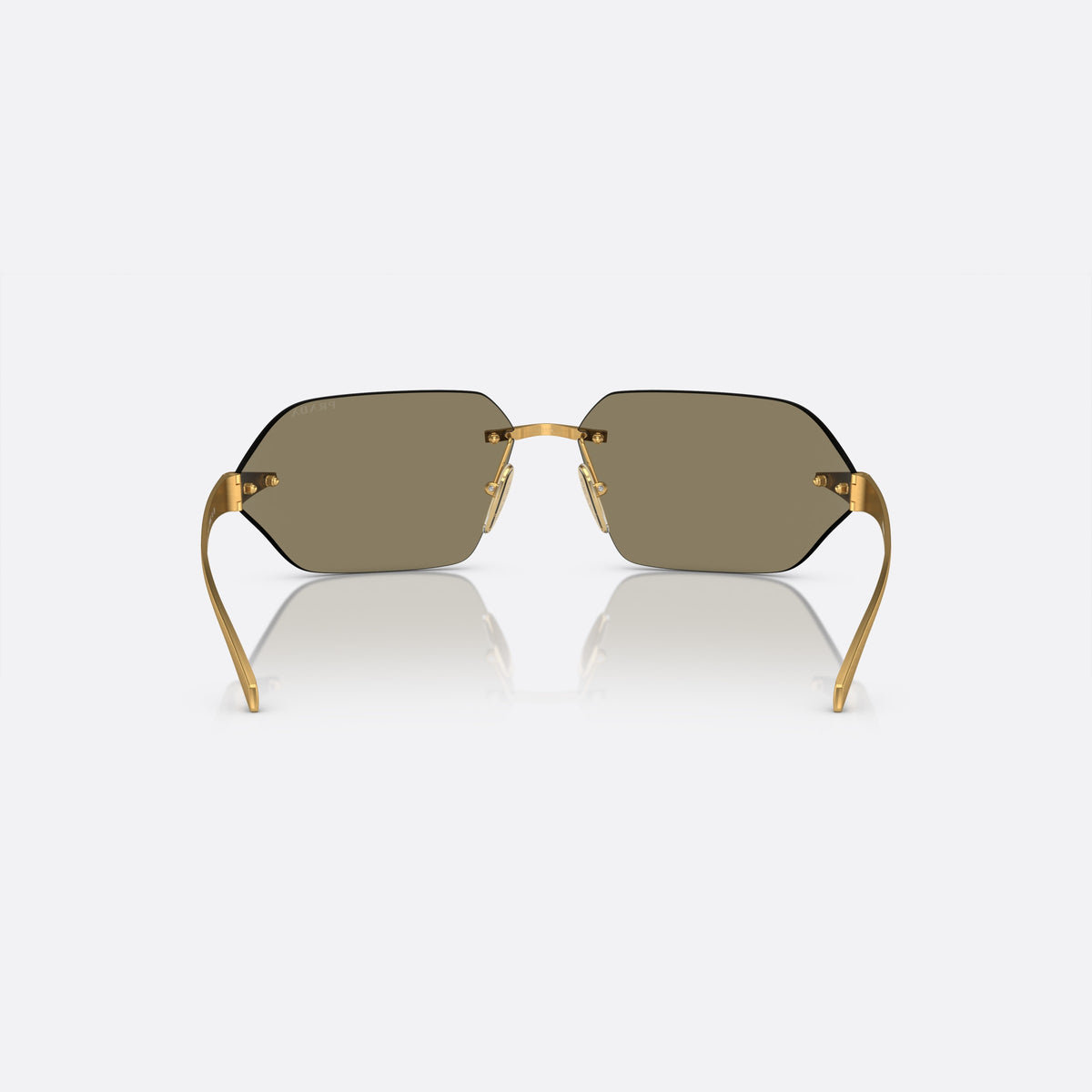 Ochelari de soare Prada PR A56S 15N-80C, neregulat auriu, unisex, punte din bară metalică subțire, literele brandului pe brațe, vedere din spate