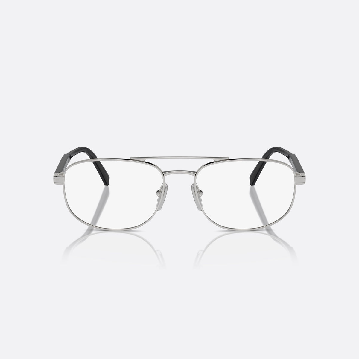 Prada PR A56V 1BC1O1 eyeglasses, silver round frame for men, double bridge with top bar, brand lettering on the temples, front view