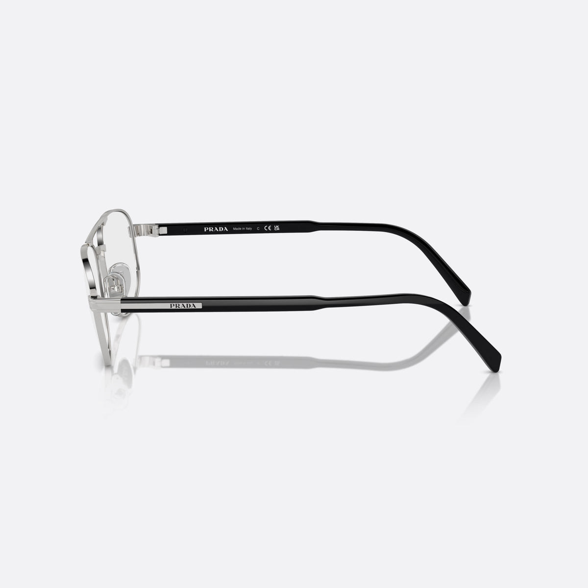 Prada PR A56V 1BC1O1 eyeglasses, silver round frame for men, double bridge with top bar, brand lettering on the temples, side view