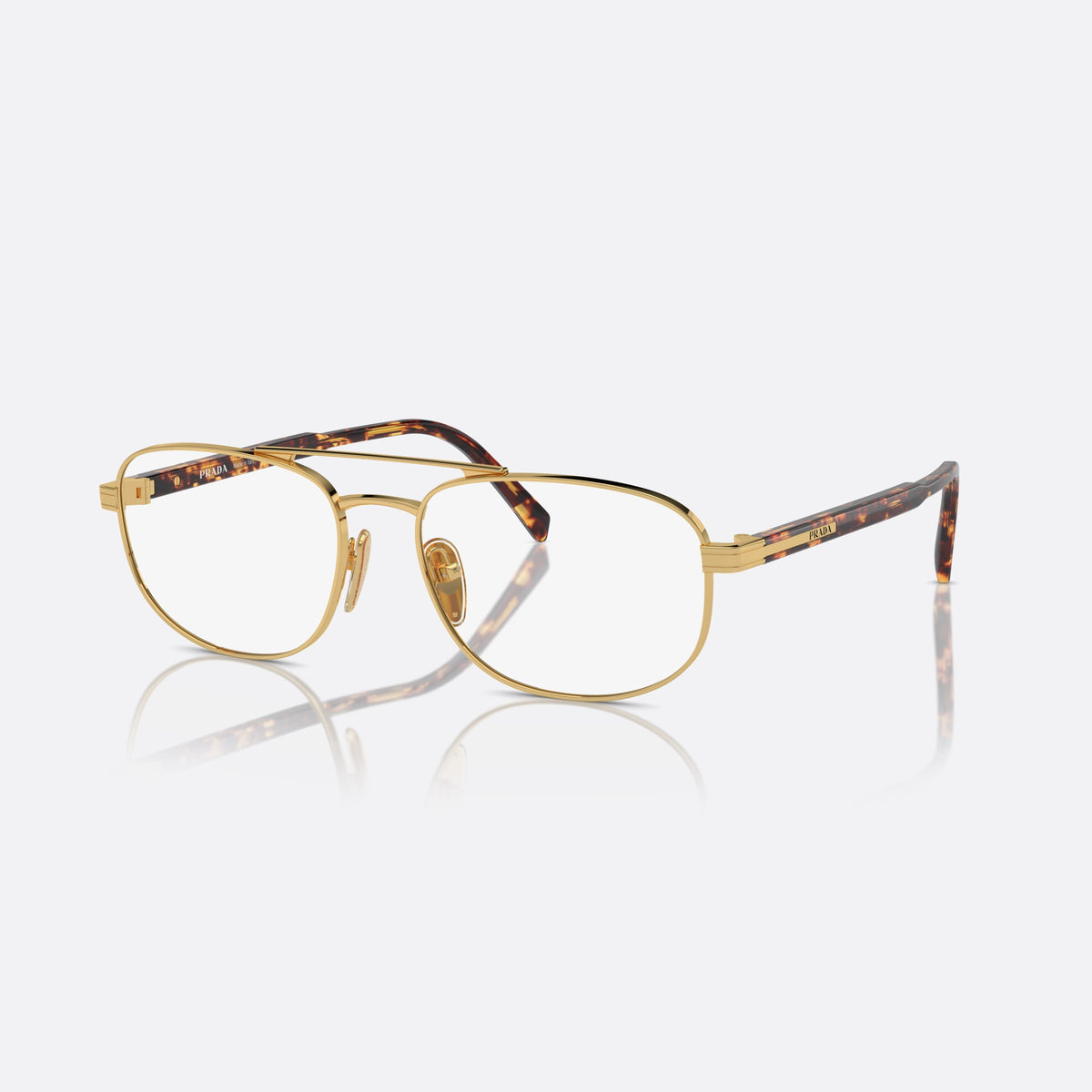 Prada PR A56V 5AK1O1 eyeglasses, gold round frame for men, double bridge with top bar, brand lettering on temples