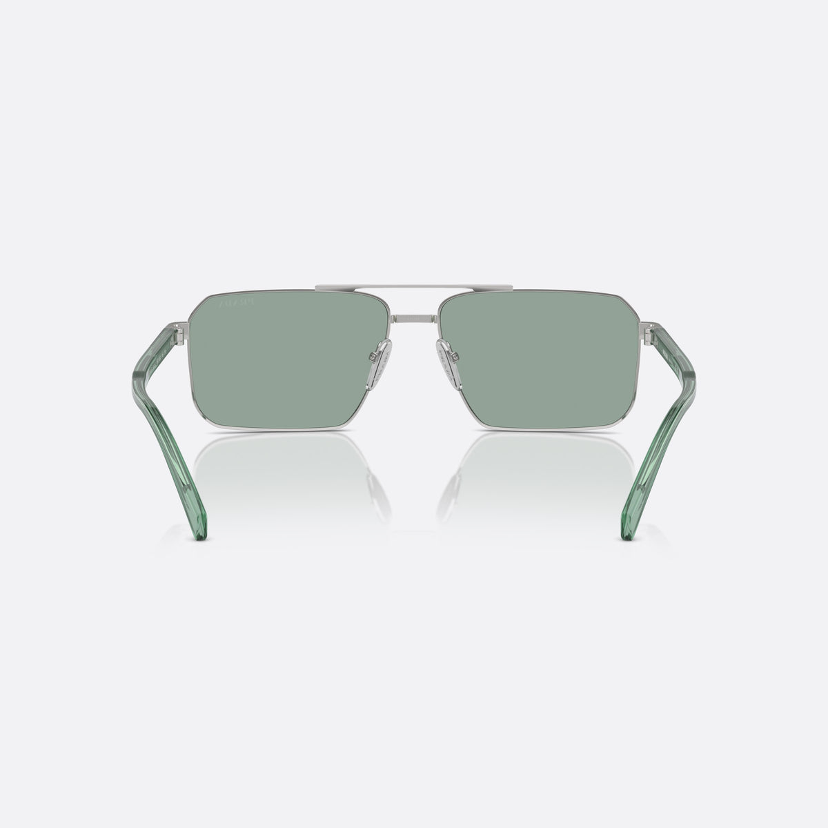 Ochelari de soare Prada PR A57S 1BC10G, rectangulari argintiu, pentru bărbați, punte dublă cu bară metalică, literele brandului pe brațe, vedere din spate