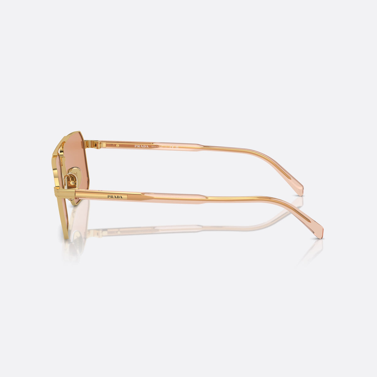 Ochelari de soare Prada PR A57S 5AK07V, rectangulari auriu, pentru bărbați, punte dublă cu bară superioară, literele brandului pe brațe, vedere laterală