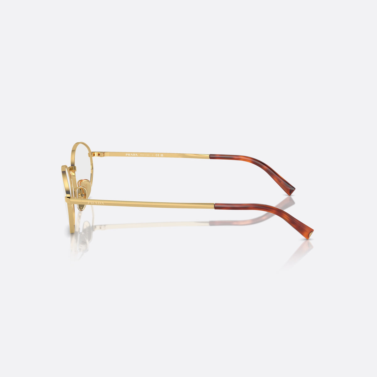 Prada PR A57V 5AK1O1 eyeglasses, gold round frame for women, plain metal bridge, brand lettering on temples, side view