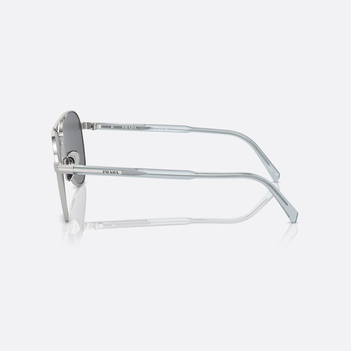 Prada PR A58S 1BC-175 sunglasses, silver pilot frame for men, double bridge with top bar, brand lettering on the temples, side view