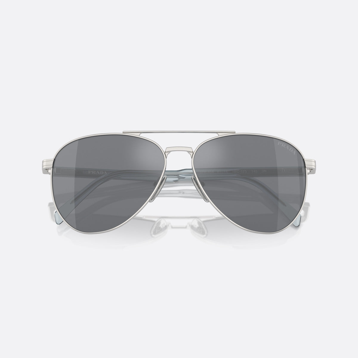 Prada PR A58S 1BC-175 sunglasses, silver pilot frame for men, double bridge with top bar, brand lettering on the temples, folded