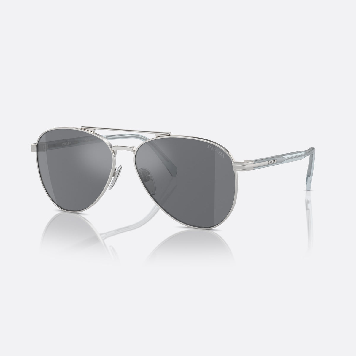 Prada PR A58S 1BC175 sunglasses, silver pilot frame for men, double bridge with top bar, brand lettering on the temples