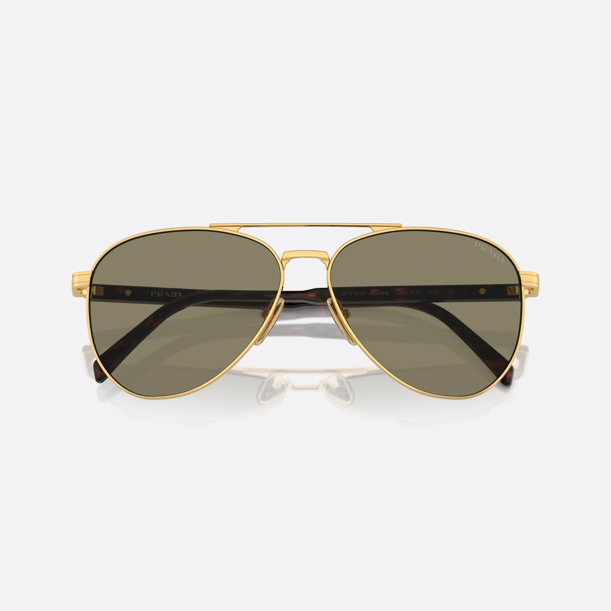 Prada PR A58S 5AK-90F sunglasses, gold pilot frame for men, double bridge with top bar, brand lettering on the temples, folded