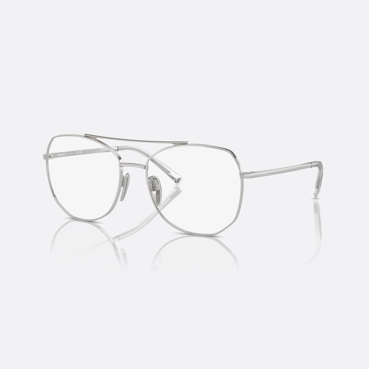 Prada PR A58V 1BC1O1 eyeglasses, silver pilot frame for women, double bridge with top bar, brand lettering on the temples
