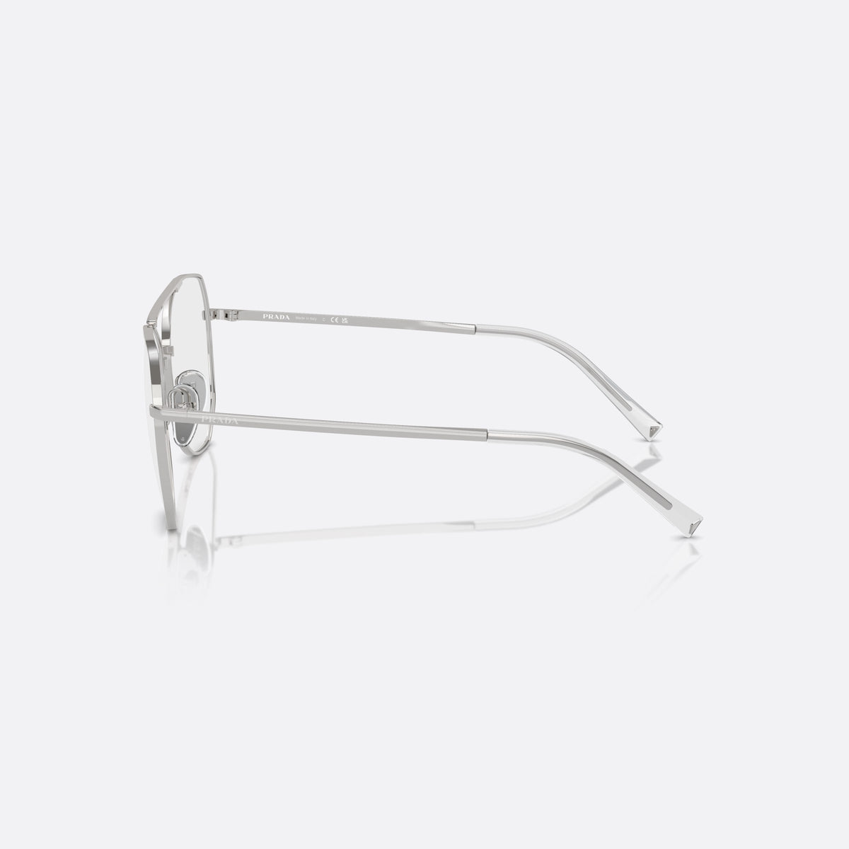 Prada PR A58V 1BC1O1 eyeglasses, silver pilot frame for women, double bridge with top bar, brand lettering on the temples, side view